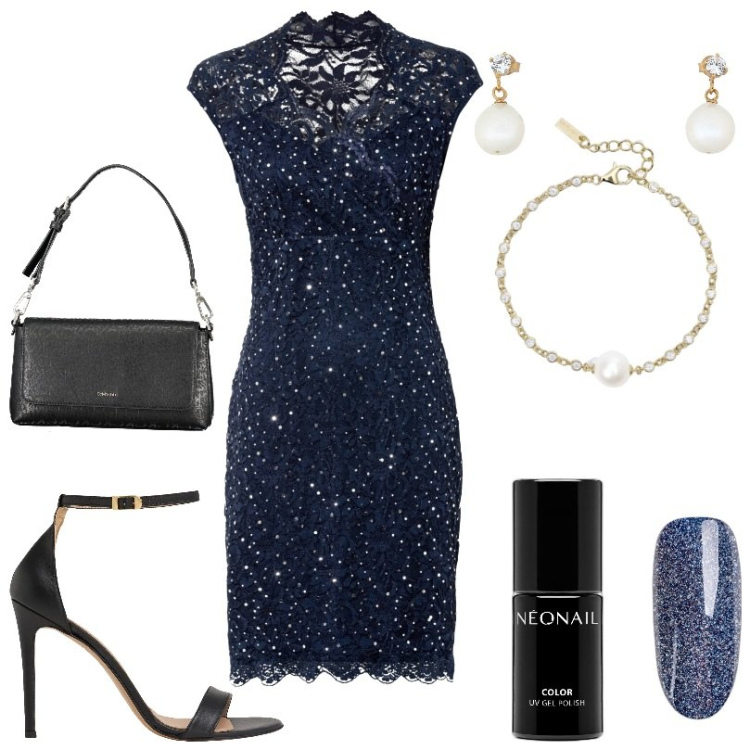 Outfit donna - Abito elegante scintillante da cocktail. Stile Chic per Cerimonia. Abbinamento con vestiti, sandali in pelle, orecchini, smalti, braccialetti, borse a spalla.