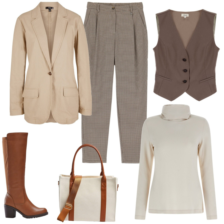 Outfit donna - Country ma non troppo. Stile Casual chic per Tutti i giorni. Abbinamento con stivali, blazer, shopping bag, maglieria, pantaloni, gilet.