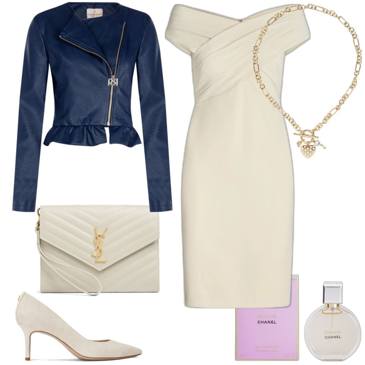 Outfit donna - Il giubbino blu con le ruches. Stile Chic per Cerimonia. Abbinamento con profumi, blazer, vestiti, ciondoli, décolleté, pochette.