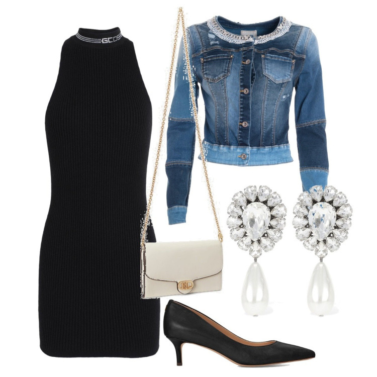 Outfit donna - Fuori a cena. Stile Chic per Serata fuori. Abbinamento con vestiti corti, giacche, décolleté, borse a tracolla, orecchini.