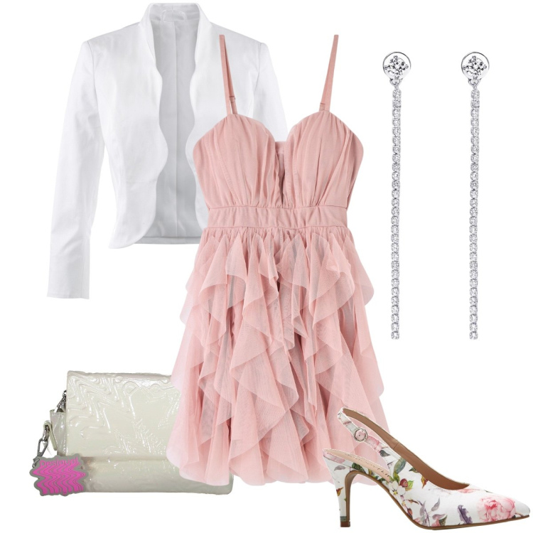 Outfit donna - L’abitino con i fronzoli. Stile Romantica per Cerimonia. Abbinamento con blazer, décolleté, vestiti corti, orecchini, borse a tracolla.