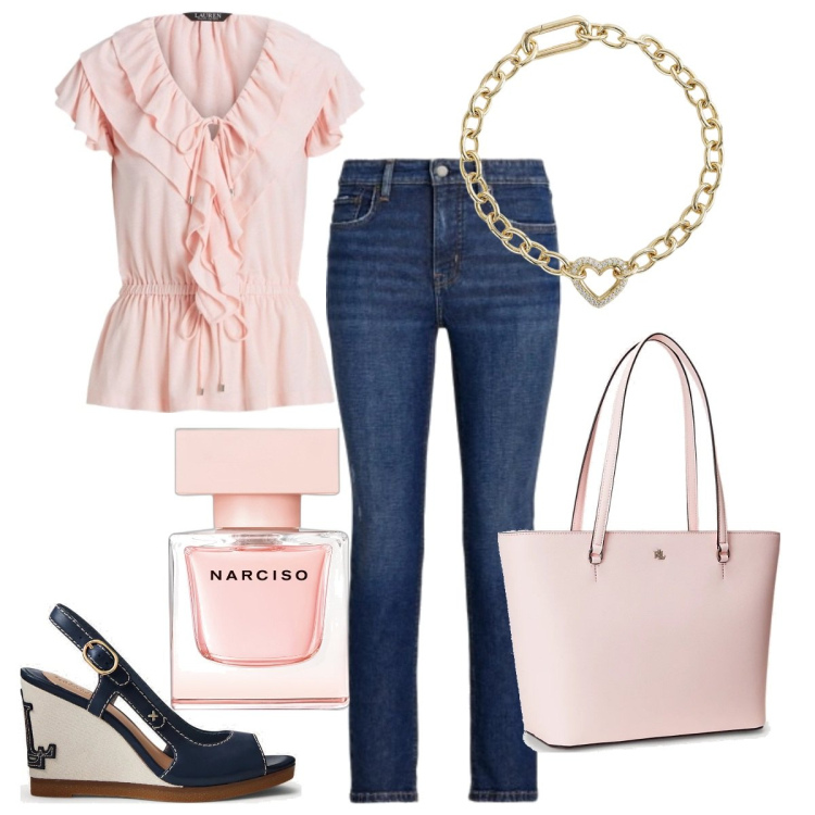 Outfit donna - Il top a peplo. Stile Romantica per Tutti i giorni. Abbinamento con profumi, braccialetti, top, jeans dritti, borse tote, sandali in pelle.