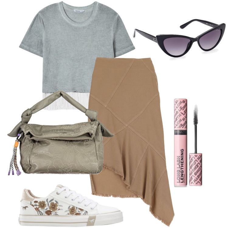Outfit donna - Le sneakers a fiori. Stile Urban per Tutti i giorni. Abbinamento con sneakers, mascara, t-shirt, gonne longuette, borse a spalla, occhiali da sole.
