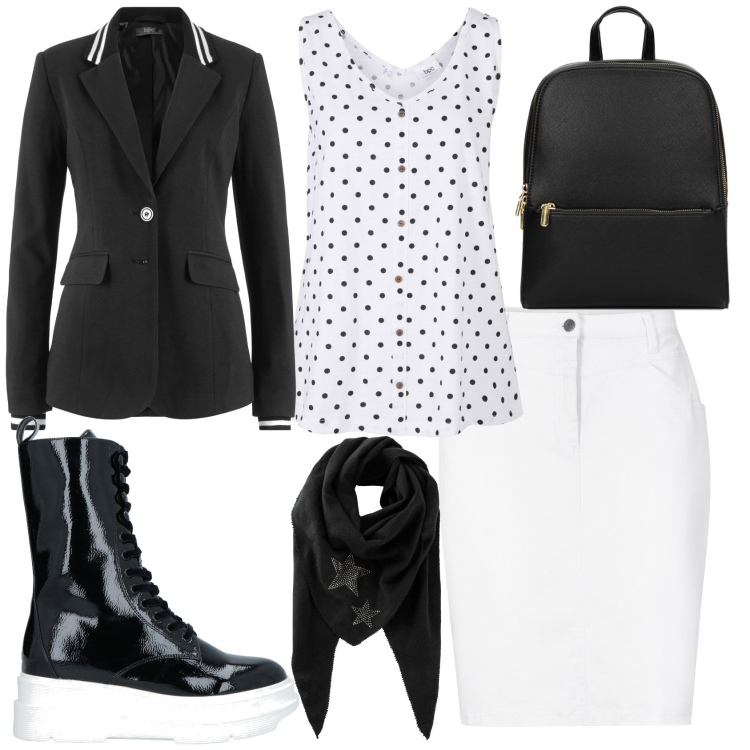Outfit donna - Gita fuori porta. Stile Casual chic per Tutti i giorni. Abbinamento con blazer, foulard, gonne, top, stivaletti, zaini.