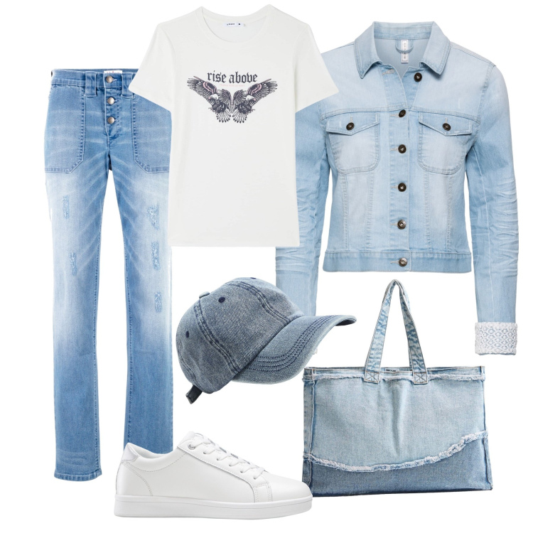 Outfit donna - Total denim. Stile Casual per Tutti i giorni. Abbinamento con jeans boyfriend, blazer, sneakers, t-shirt, shopping bag, cappelli.