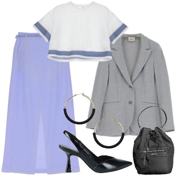 Outfit donna - Per la primavera. Stile Trendy per Ufficio. Abbinamento con décolleté, t-shirt, gonne longuette, blazer, orecchini, borse a secchiello.