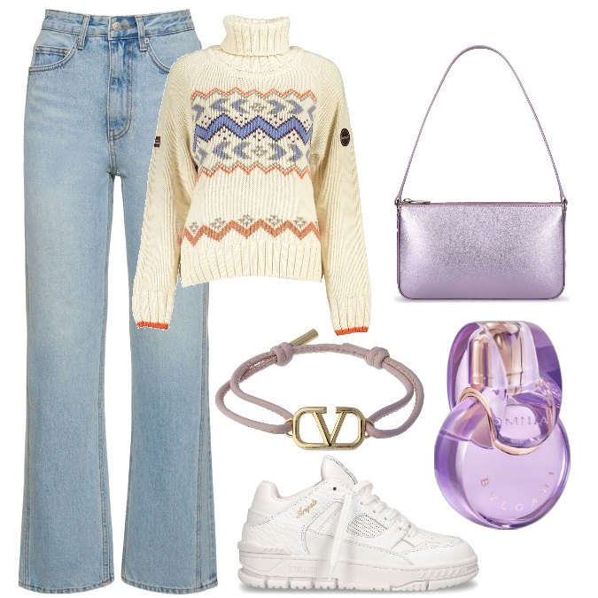 Outfit donna - Total look #1840966. Stile Trendy per Tutti i giorni. Abbinamento con profumi, sneakers, braccialetti, jeans dritti, borse a spalla, maglieria.
