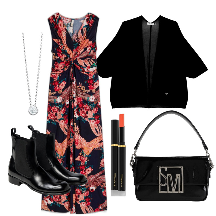 Outfit donna - Ghost outfitter - marzo. Stile Trendy per Tutti i giorni. Abbinamento con vestiti lunghi, borse a mano, rossetti, collane, cardigans, stivaletti chelsea.