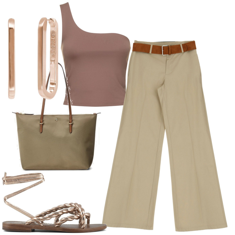Outfit donna - I pantaloni sabbia. Stile Casual chic per Tutti i giorni. Abbinamento con orecchini, pantaloni, borse tote, sandali, canottiere.