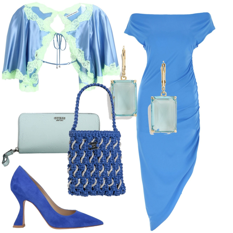 Outfit donna - Chic. Stile Chic per Serata fuori. Abbinamento con blazer, décolleté, borse a secchiello, vestiti lunghi, orecchini, portafogli.