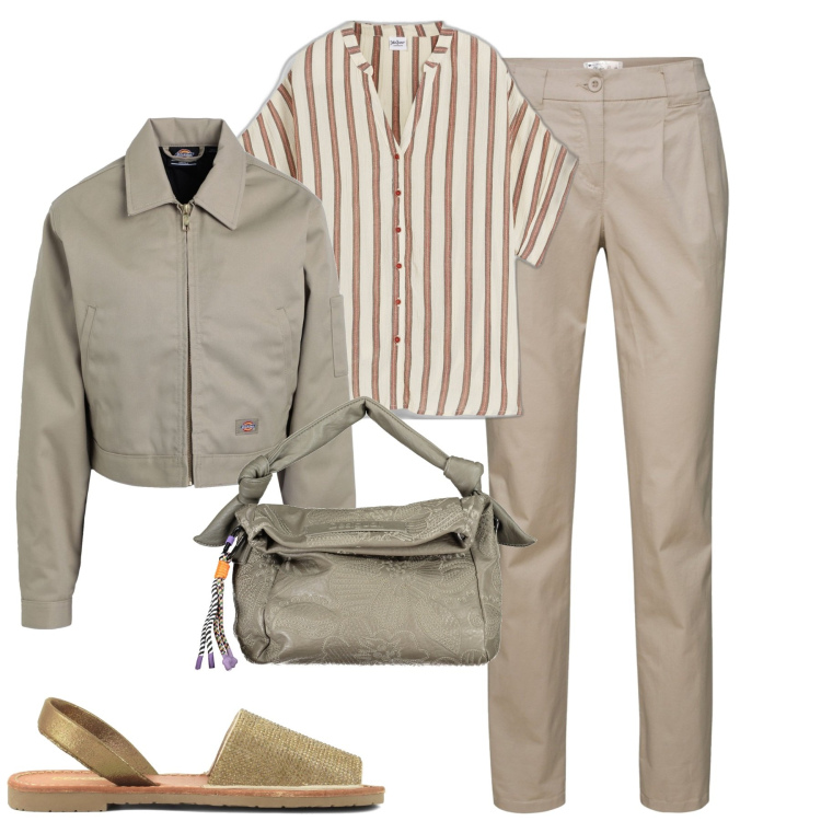 Outfit donna - City. Stile Casual chic per Tutti i giorni. Abbinamento con pantaloni chino, camicie a manica corta, blazer, sandali in pelle, borse a spalla.