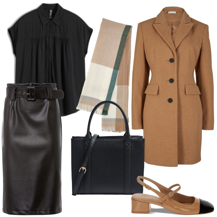 Outfit donna - Fascinosa in ufficio. Stile Bon Ton per Ufficio. Abbinamento con camicie a manica corta, cappotti, gonne longuette, shopping bag, décolleté, sciarpe.