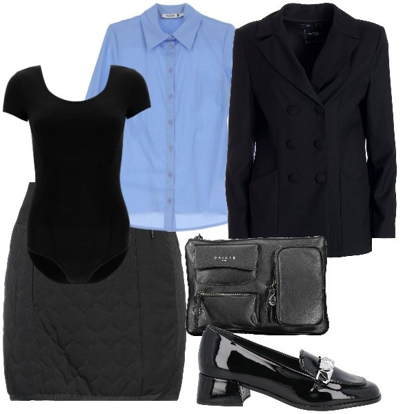 Outfit donna - Total look #1840992. Stile Urban per Ufficio. Abbinamento con minigonne, mocassini, camicie, blazer, body, pochette.