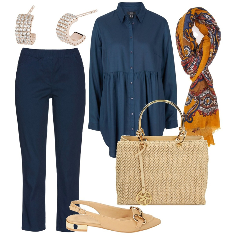 Outfit donna - Beige dorato & blu notte. Stile Casual chic per Tutti i giorni. Abbinamento con pantaloni, camicie, orecchini, borse a mano, ballerine, sciarpe.
