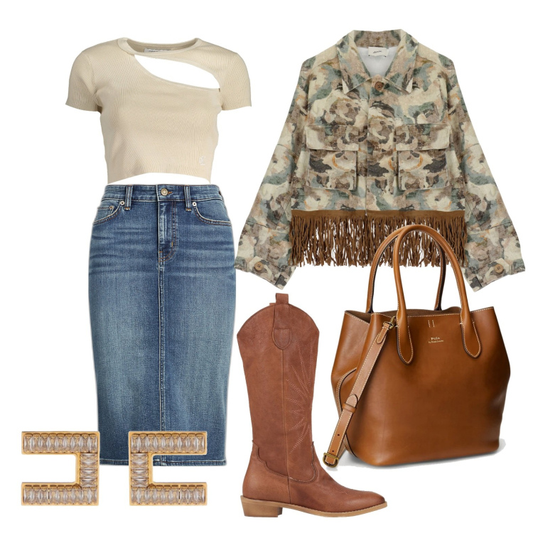 Outfit donna - Ghost outfitter - marzo. Stile Casual per Tutti i giorni. Abbinamento con stivali, orecchini, blazer, gonne, borse tote, t-shirt.