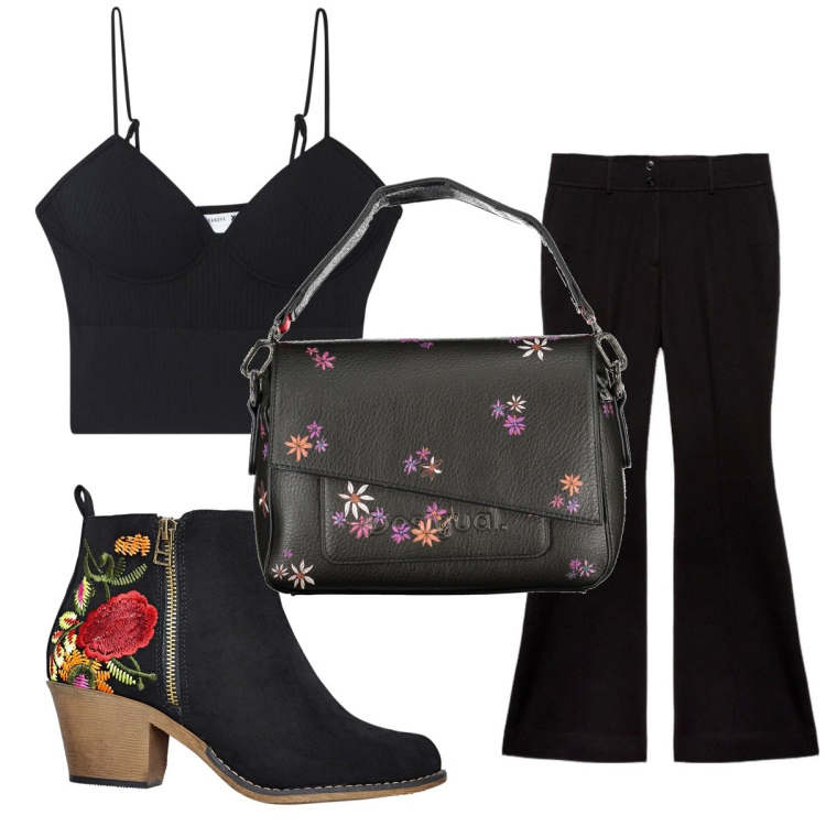 Outfit donna - Total look #1841038. Stile Boho per Tutti i giorni. Abbinamento con stivaletti, top, borse a spalla, pantaloni.