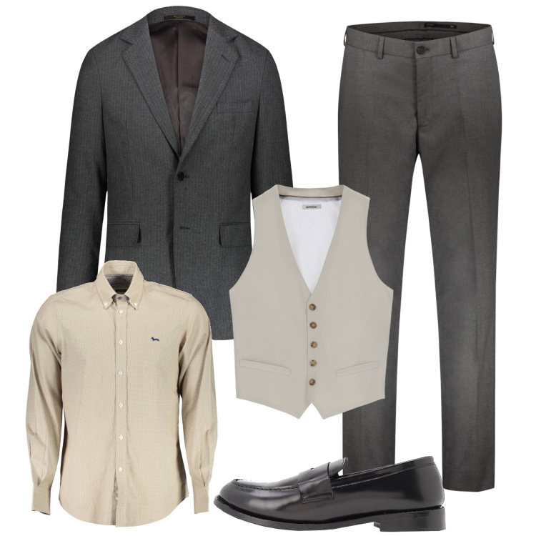 Outfit uomo - Stile senza cravatta. Stile Business/Elegante per Ufficio. Abbinamento con gilet, giacche, pantaloni, scarpe stringate, camicie.