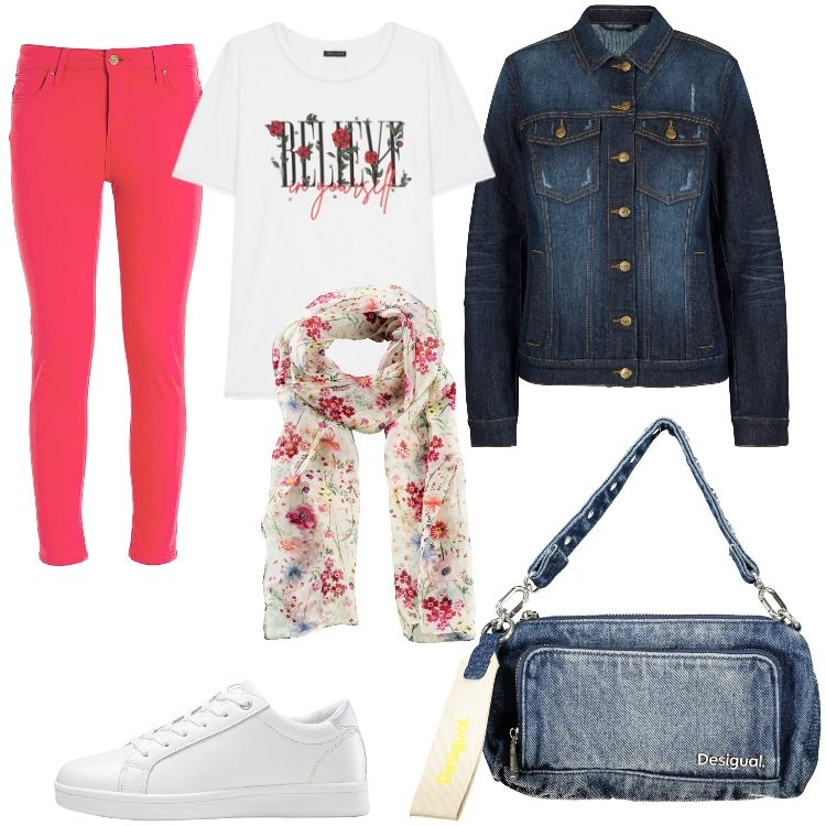 Outfit donna - Believe sulla t shirt. Stile Casual per Tutti i giorni. Abbinamento con foulard, sneakers, cappotti, jeans, t-shirt, borse a spalla.