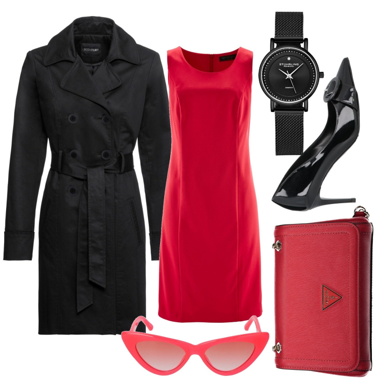 Outfit donna - Red spring. Stile Minimal per Serata fuori. Abbinamento con trench, vestiti a tubino, décolleté, orologi, borse a spalla, occhiali da sole.