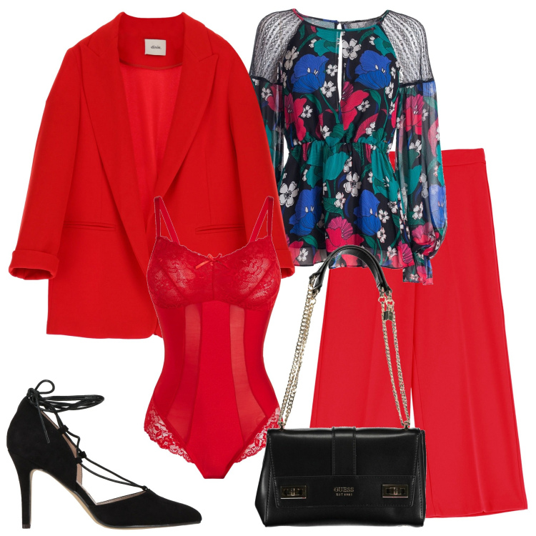 Outfit donna - Rosso. Stile Chic per Cerimonia. Abbinamento con body, décolleté, bluse, pantaloni, blazer, borse a spalla.