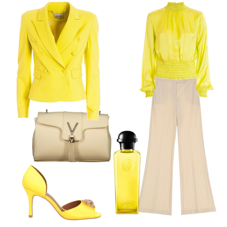 Outfit donna - Giallo limone. Stile Chic per Cerimonia. Abbinamento con sandali col tacco, profumi, blazer, bluse, pantaloni, borse a tracolla.