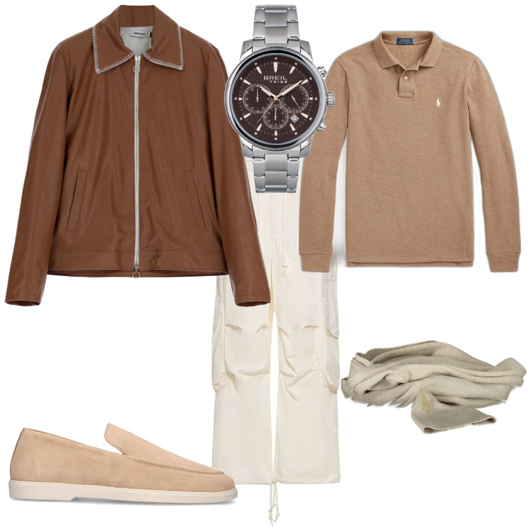 Outfit uomo - Trendy per un week end. Stile Trendy per Mare. Abbinamento con orologi, giacche, polo, scarpe stringate, sciarpe, pantaloni cargo.