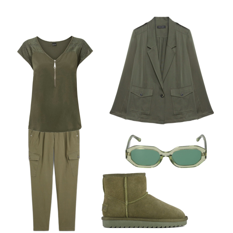 Outfit donna - Il colore della natura. Stile Casual per Tutti i giorni. Abbinamento con t-shirt, pantaloni cargo, blazer, occhiali da sole, stivali.