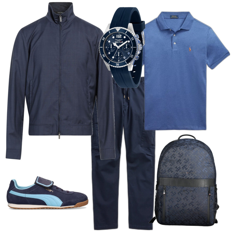 Outfit uomo - Casual per un week end al mare. Stile Casual per Mare. Abbinamento con orologi, giacche, polo, pantaloni cargo, sneakers, borse sportive.