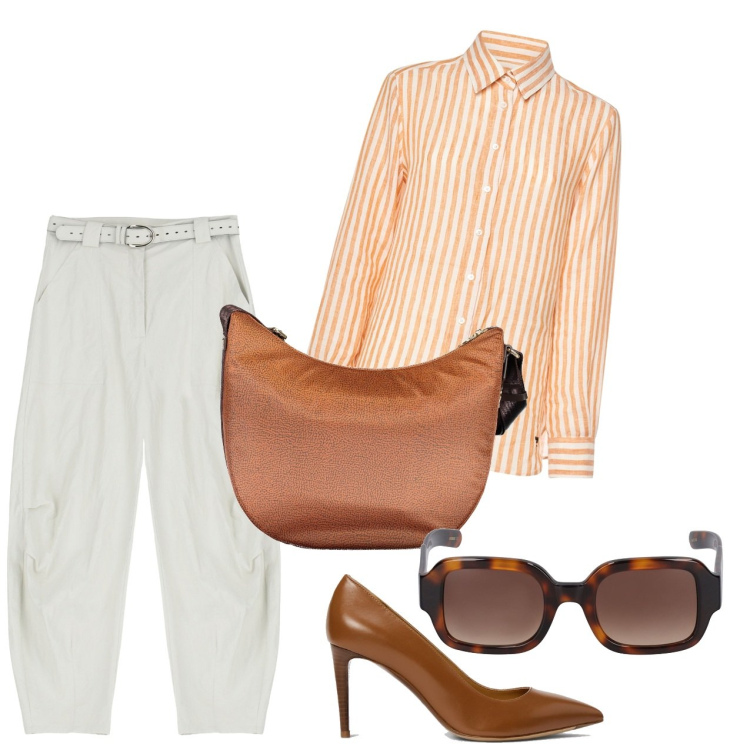 Outfit donna - Le righe arancio. Stile Casual chic per Tutti i giorni. Abbinamento con pantaloni, décolleté, borse a tracolla, camicie, occhiali da sole.