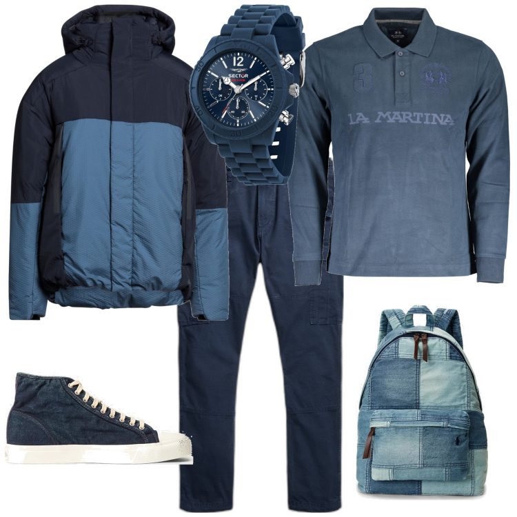 Outfit uomo - Casual per week end in montagna. Stile Casual per Tutti i giorni. Abbinamento con orologi, piumini, sneakers, pantaloni cargo, borse sportive, polo.