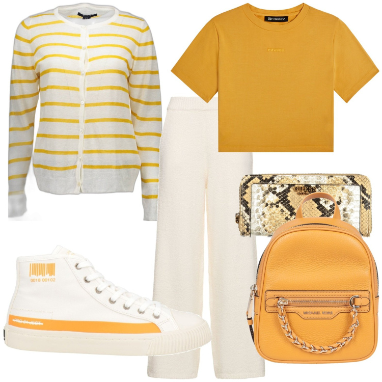 Outfit donna - Sportiva. Stile Casual Abbinamento con zaini, sneakers alte, t-shirt, pantaloni, cardigans, portafogli.