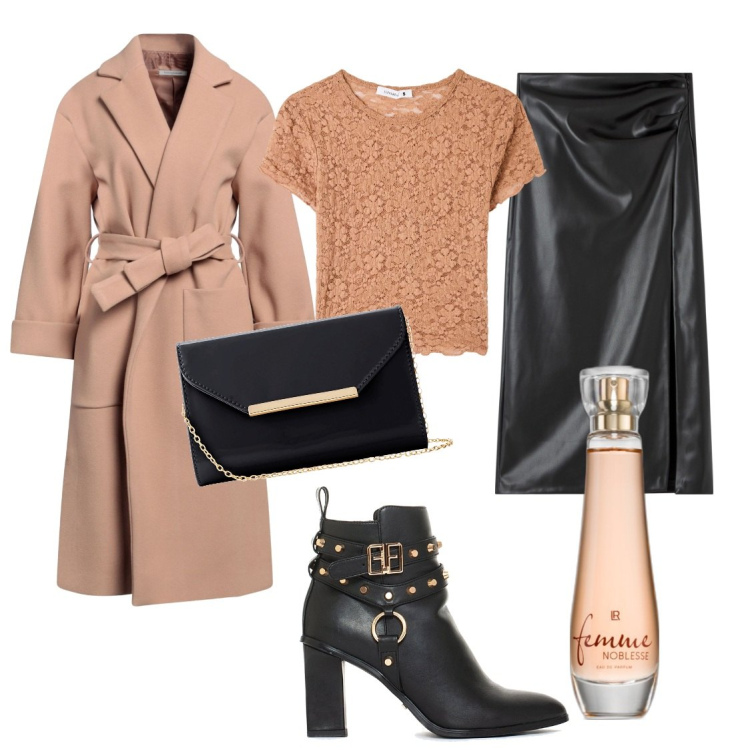 Outfit donna - Femminilità ed eleganza. Stile Chic per Serata fuori. Abbinamento con pochette, cappotti, profumi, t-shirt, gonne longuette, stivaletti.