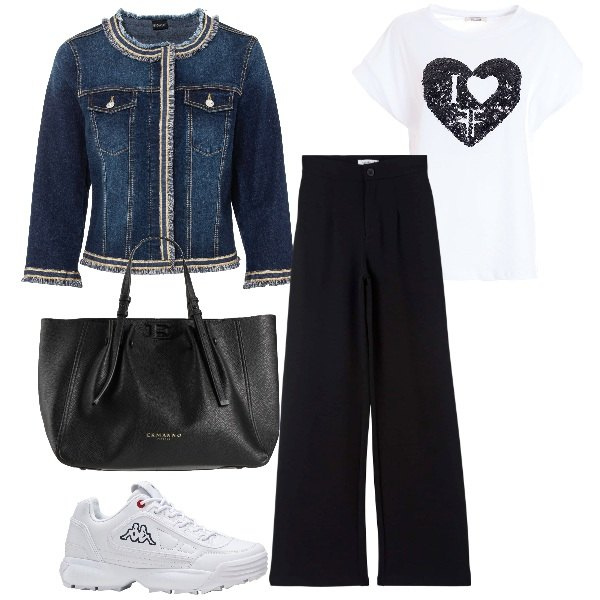 Outfit donna - Bentornata primavera. Stile Trendy per Tutti i giorni. Abbinamento con blazer, sneakers, borse a mano, pantaloni, t-shirt.