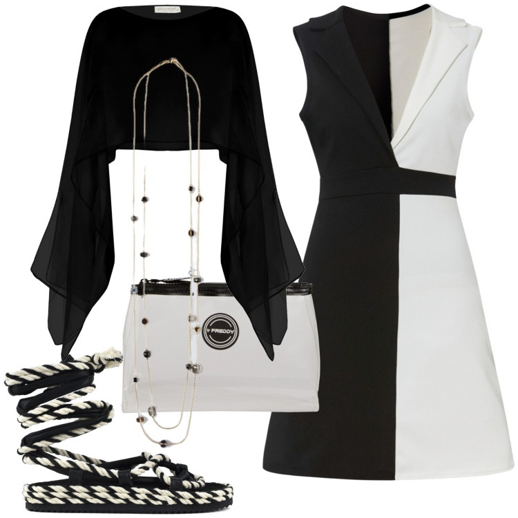 Outfit donna - Black and white. Stile Casual chic per Tutti i giorni. Abbinamento con vestiti, stole, valigie, sandali, collane.