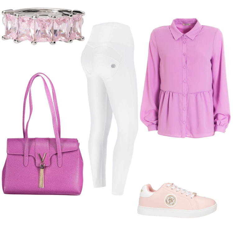 Outfit donna - Time for snickers. Stile Chic per Tutti i giorni. Abbinamento con sneakers, anelli, camicie, pantaloni skinny, borse a spalla.