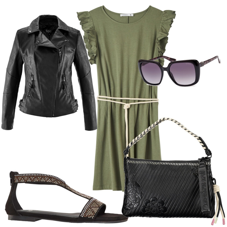 Outfit donna - Vestitino. Stile Casual per Tutti i giorni. Abbinamento con blazer, sandali, vestiti, borse a spalla, occhiali da sole.