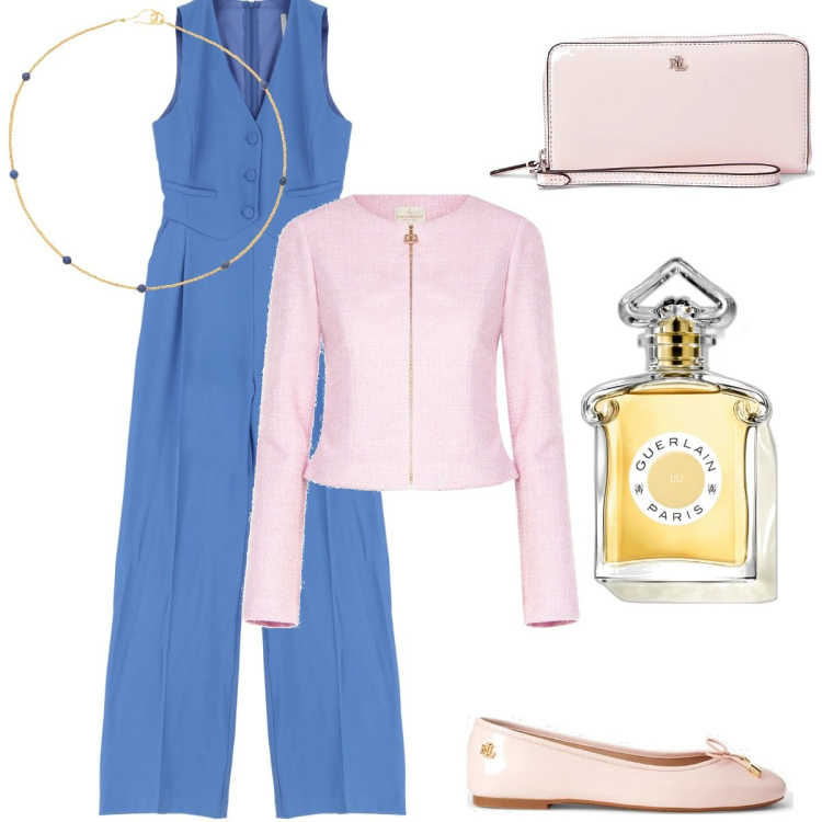 Outfit donna - Le ballerine per la primavera. Stile Chic per Cerimonia. Abbinamento con collane, profumi, blazer, tute, ballerine, pochette.