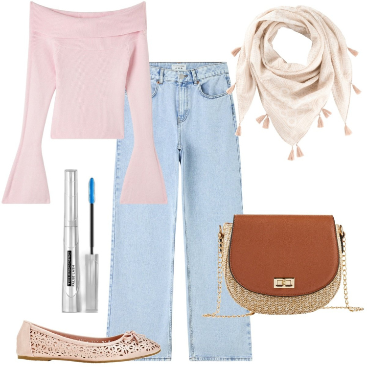 Outfit donna - Le ballerine per la primavera. Stile Boho per Tutti i giorni. Abbinamento con ballerine, borse a tracolla, foulard, mascara, jeans, maglieria.