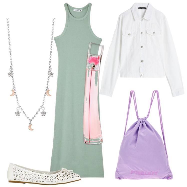 Outfit donna - Ballerine per la primavera. Stile Casual chic per Tutti i giorni. Abbinamento con ballerine, profumi, vestiti lunghi, collane, blazer, zaini.
