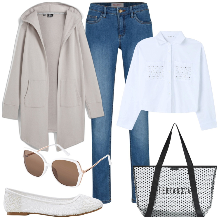 Outfit donna - Ballerine per la primavera. Stile Casual chic per Tutti i giorni. Abbinamento con blazer, jeans skinny, ballerine, occhiali da sole, shopping bag, camicie.