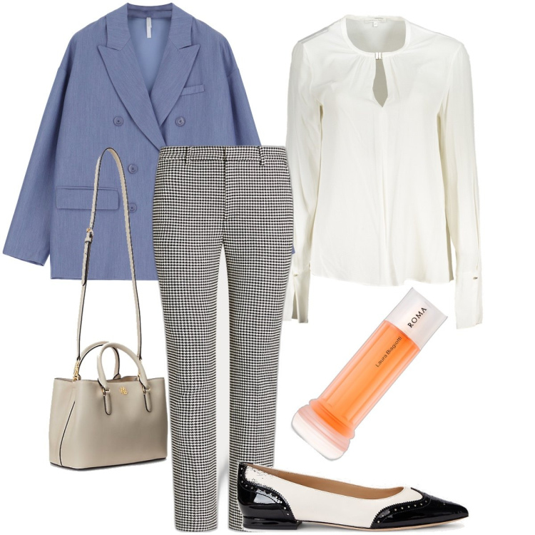Outfit donna - Le ballerine bicolore. Stile Bon Ton per Ufficio. Abbinamento con profumi, blazer, ballerine, pantaloni, borse a mano, camicie.