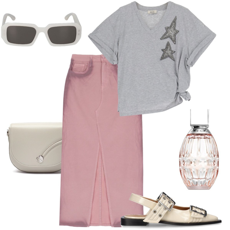 Outfit donna - Le ballerine con la maxi fibbia. Stile Casual chic per Tutti i giorni. Abbinamento con profumi, gonne longuette, t-shirt, ballerine, occhiali da sole, borse a tracolla.