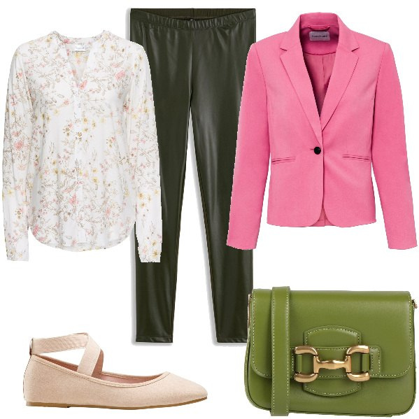 Outfit donna - Total look #1841343. Stile Romantica per Tutti i giorni. Abbinamento con camicie, ballerine, blazer, treggings, borse a tracolla.