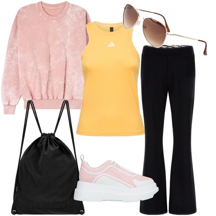 Outfit donna - La felpa in ciniglia. Stile Casual per Scuola/Università. Abbinamento con occhiali da sole, sneakers, felpe, pantaloni, zaini, canottiere.