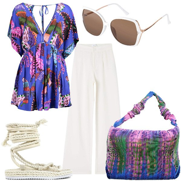 Outfit donna - Total look #1841364. Stile Boho per Tutti i giorni. Abbinamento con occhiali da sole, pantaloni, sandali, vestiti corti, borse a spalla.