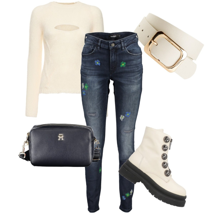 Outfit donna - I jeans con i fiori. Stile Casual per Tutti i giorni. Abbinamento con cinture, stivaletti, jeans slim fit, borse a tracolla, maglieria.