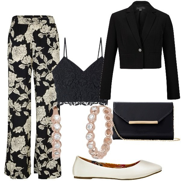 Outfit donna - Ballerine per una cerimonia. Stile Bon Ton per Cerimonia. Abbinamento con pantaloni a palazzo, ballerine, blazer, pochette, top, orecchini.