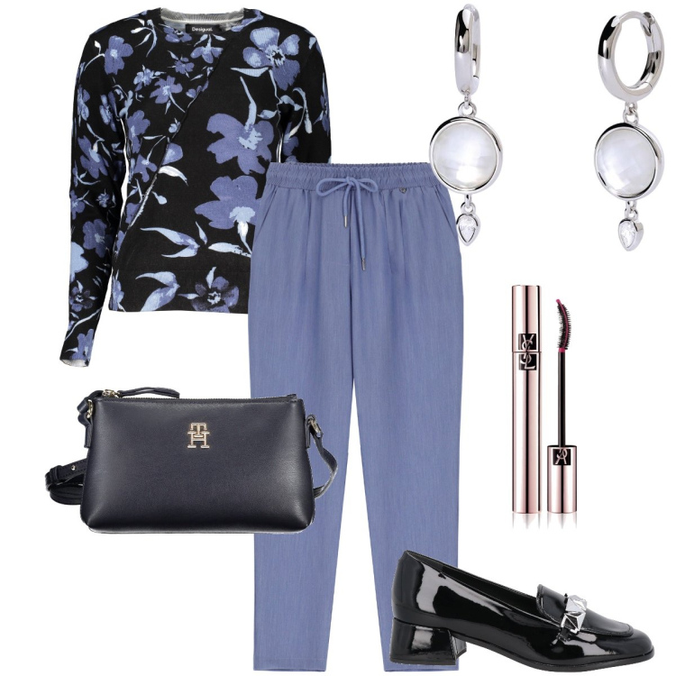 Outfit donna - I pantaloni con coulisse. Stile Bon Ton per Ufficio. Abbinamento con mocassini, mascara, orecchini, pantaloni cargo, maglieria, borse a tracolla.