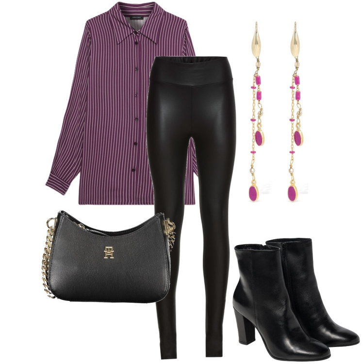 Outfit donna - Con i leggins. Stile Casual chic per Serata fuori. Abbinamento con treggings, camicie, orecchini, stivaletti, borse a spalla.