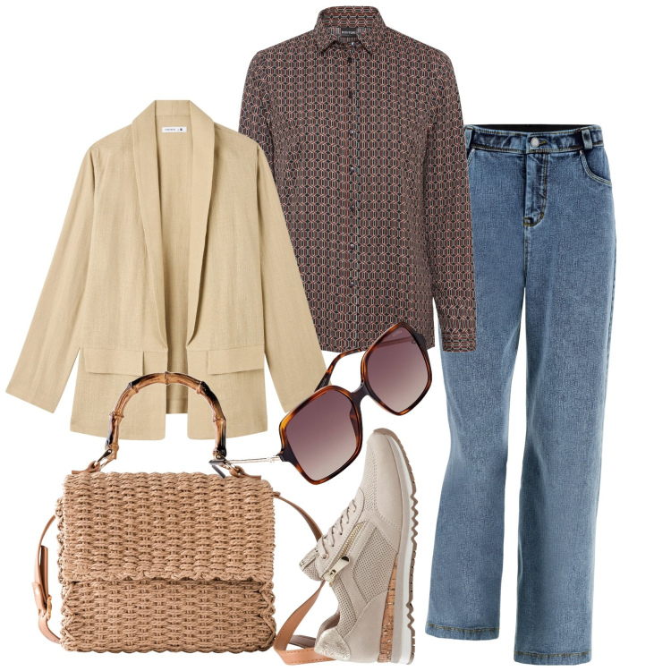 Outfit donna - Blazer versatile. Stile Basic per Tutti i giorni. Abbinamento con sneakers, borse a mano, camicie, blazer, jeans, occhiali da sole.
